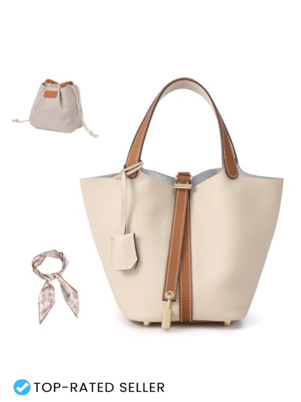 Genuine Leather Lock Design Bucket Bag Top Handle Satchel Handbag